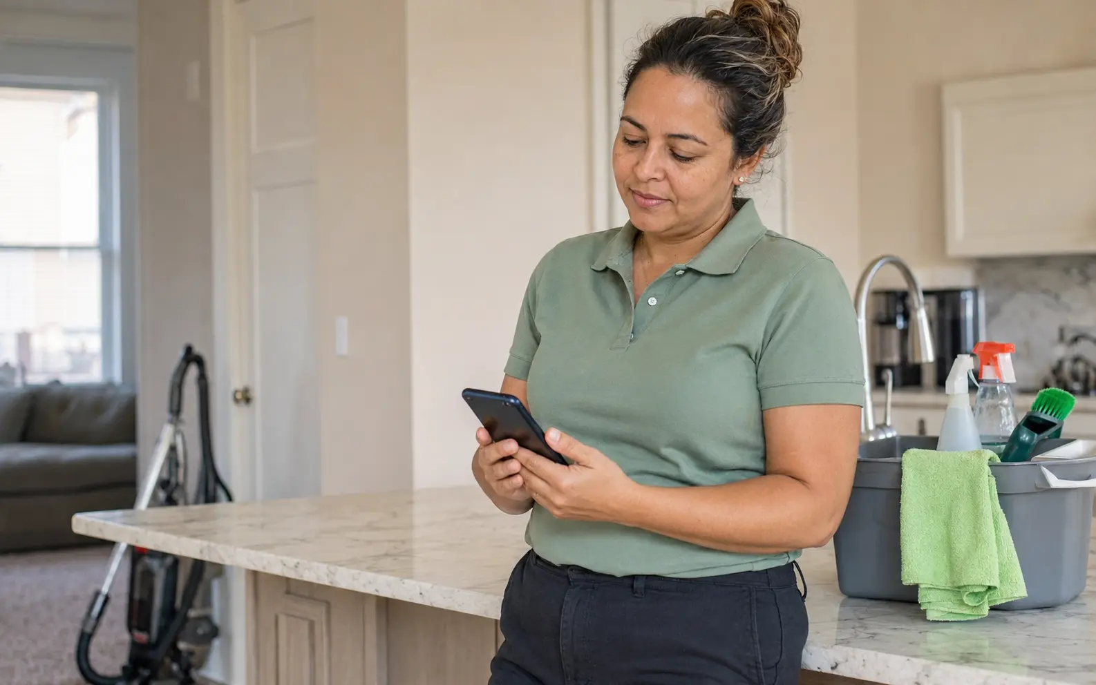 Profissional de limpeza consultando o celular na cozinha de uma casa nos Estados Unidos